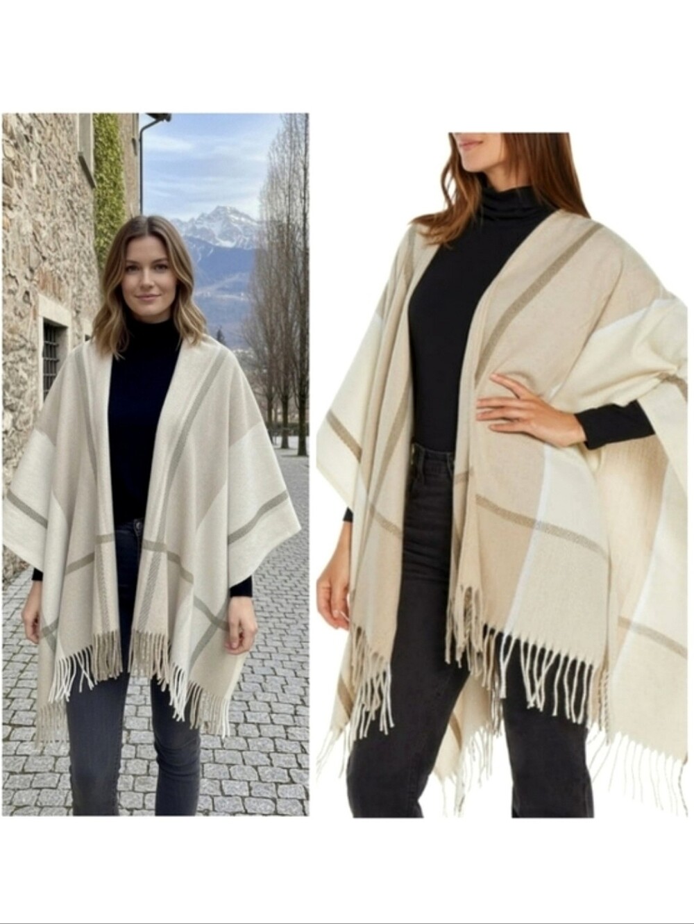 🆕️Woolrich Cream & Gray Poncho Sweater One Size Blanket Stitch Edge 🤍🩶